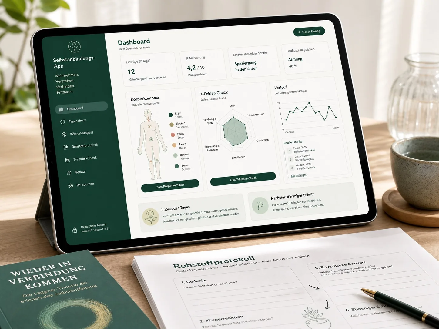 Tablet mit Selbstanbindungs-App, Rohstoffprotokoll und Arbeitsblatt
